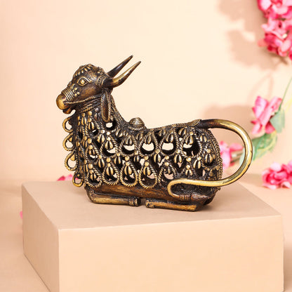 Brass Dhokra Sitting Jali Nandi Idol (6 Inch)