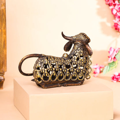 Brass Dhokra Sitting Jali Nandi Idol (6 Inch)