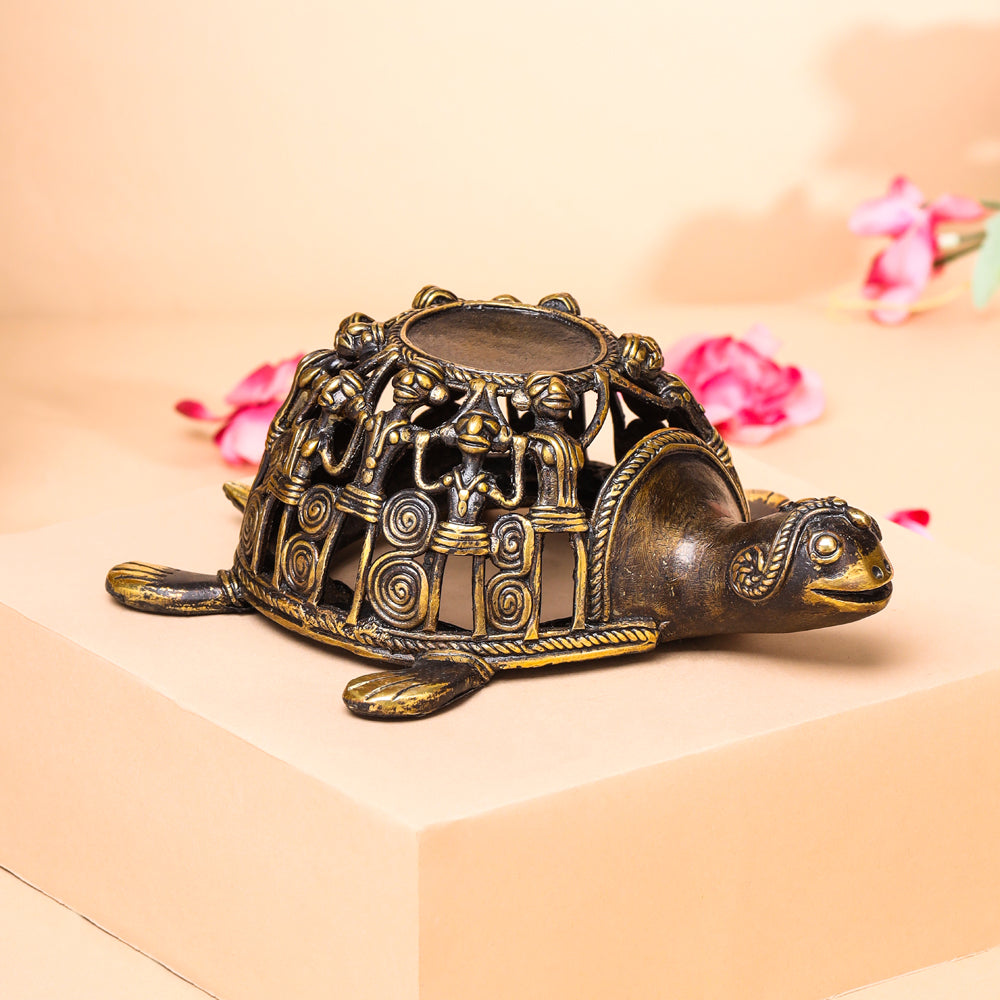 Brass Dhokra Jali Tortoise Candle Holder (3 Inch)