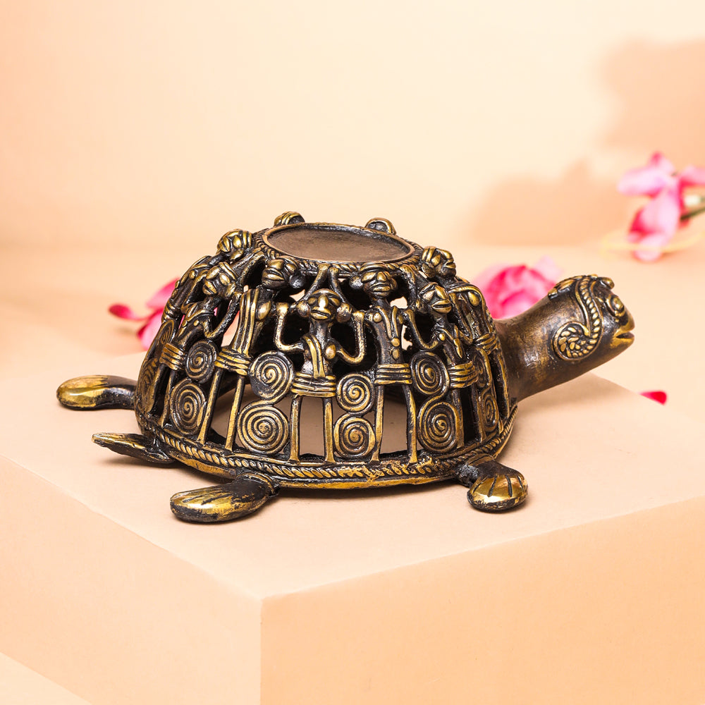Brass Dhokra Jali Tortoise Candle Holder (3 Inch)