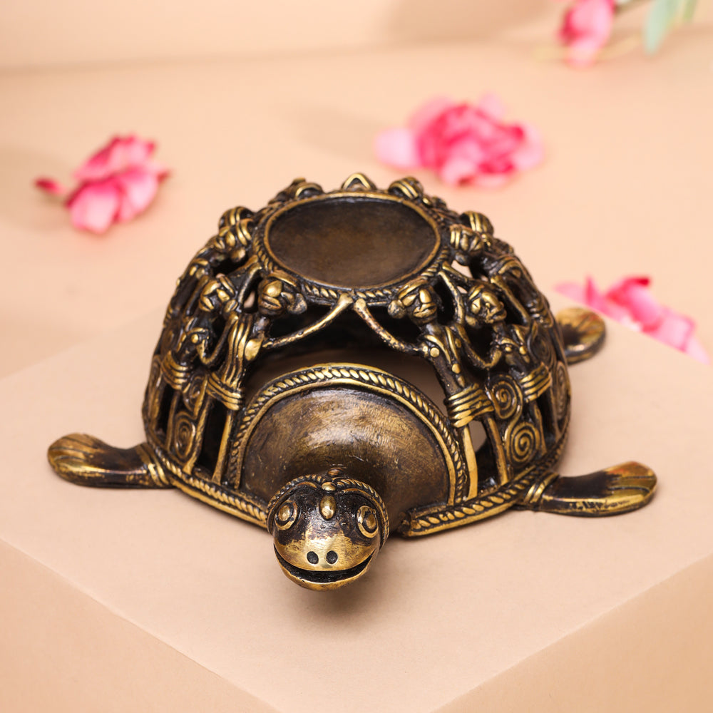 Brass Dhokra Jali Tortoise Candle Holder (3 Inch)