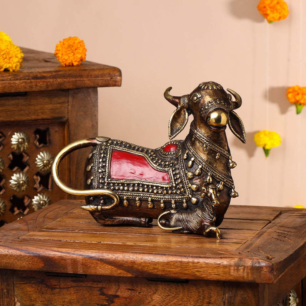 Brass Dhokra Sitting Kamdhenu Cow With Calf Idol (6 Inch)