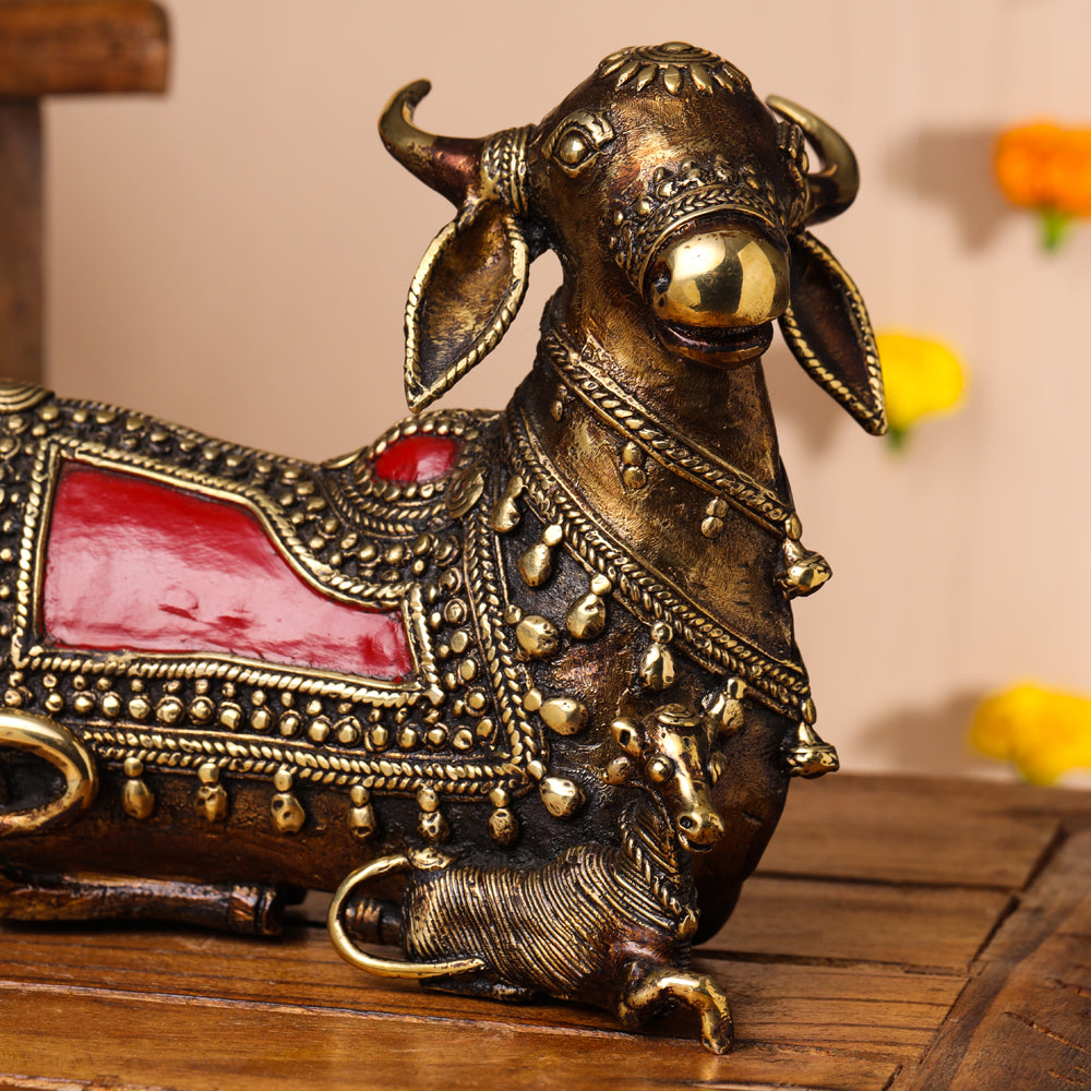 Brass Dhokra Sitting Kamdhenu Cow With Calf Idol (6 Inch)
