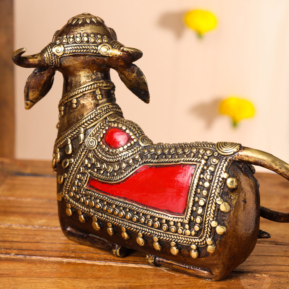 Brass Dhokra Sitting Kamdhenu Cow With Calf Idol (6 Inch)