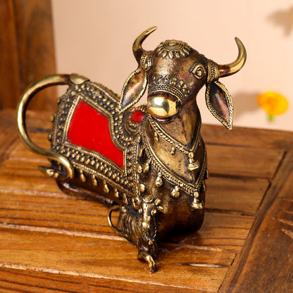 Brass Dhokra Sitting Kamdhenu Cow With Calf Idol (6 Inch)