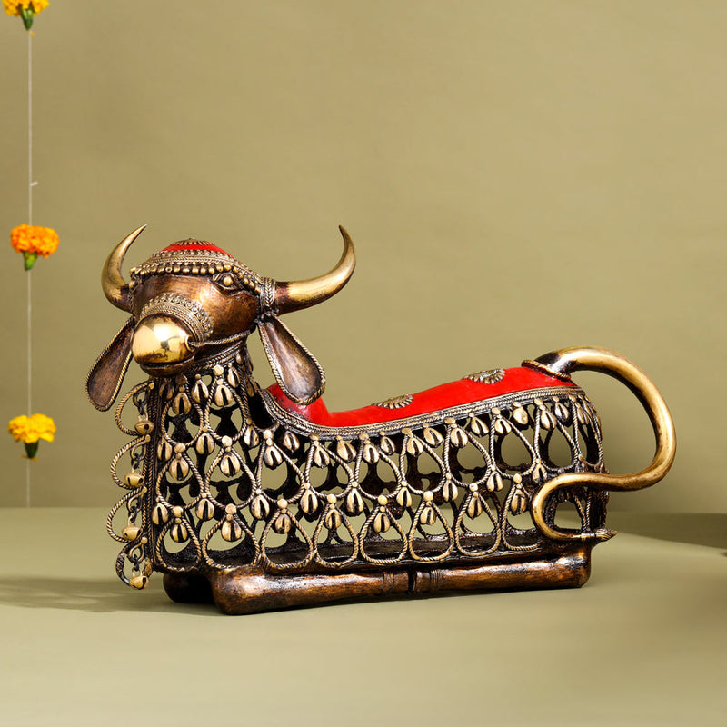 Brass Dhokra Sitting Jali Nandi Idol (10 Inch)