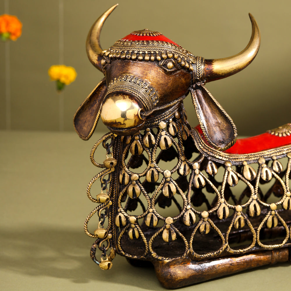Brass Dhokra Sitting Jali Nandi Idol (10 Inch)