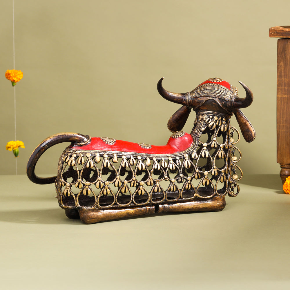 Brass Dhokra Sitting Jali Nandi Idol (10 Inch)