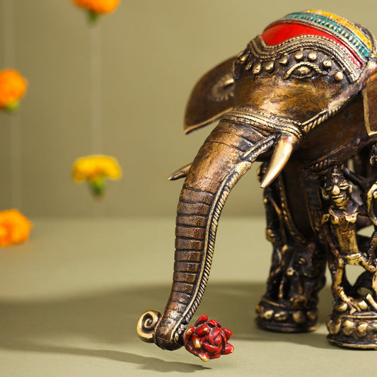 Brass Dhokra Elephant Down Trunk Statue (7 Inch)