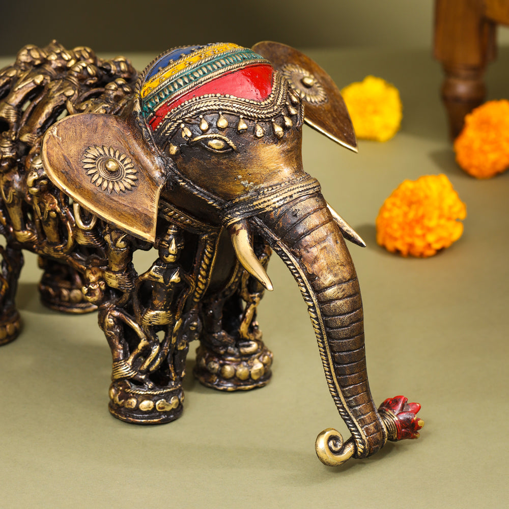 Brass Dhokra Elephant Down Trunk Statue (7 Inch)