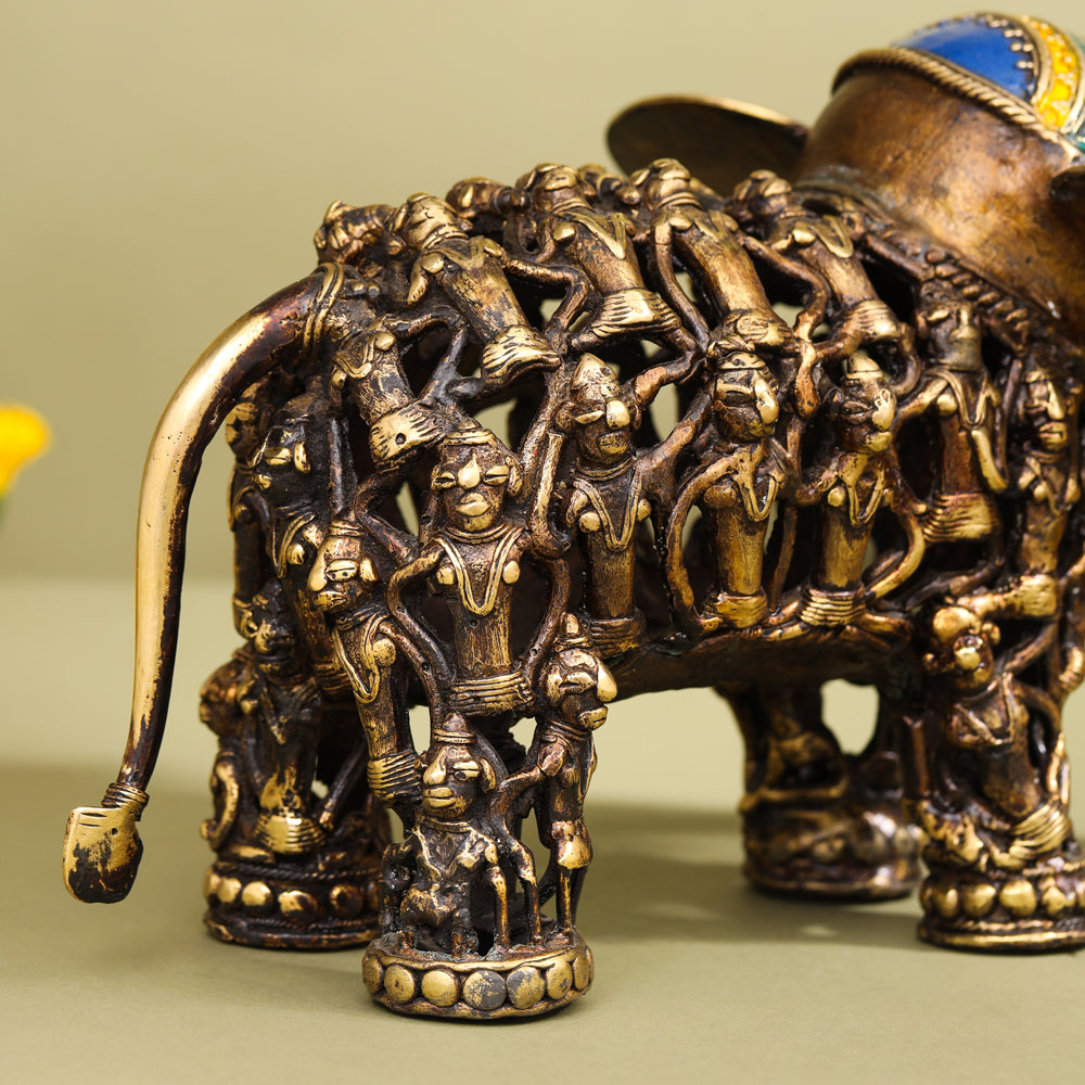 Brass Dhokra Elephant Down Trunk Statue (7 Inch)