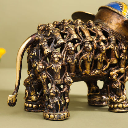 Brass Dhokra Elephant Down Trunk Statue (7 Inch)