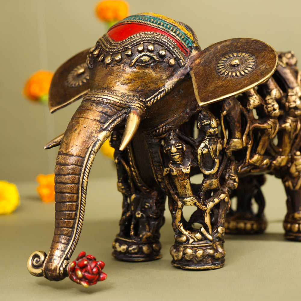 Brass Dhokra Elephant Down Trunk Statue (7 Inch)
