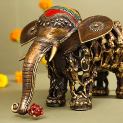 Brass Dhokra Elephant Down Trunk Statue (7 Inch)