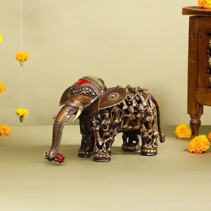 Brass Dhokra Elephant Down Trunk Statue (7 Inch)