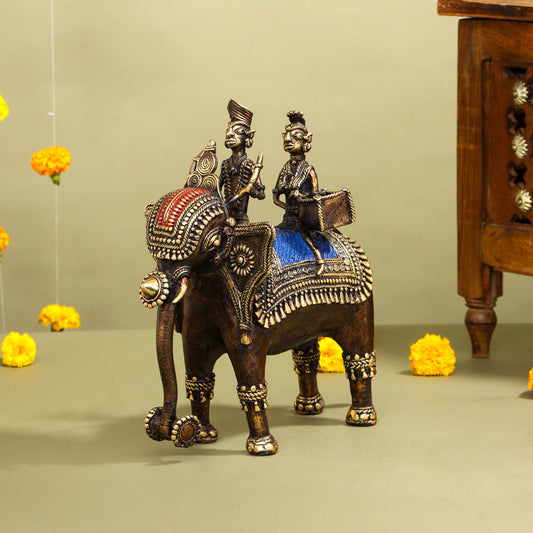 Brass Dhokra Elephant Down Trunk Statue (11.5 Inch)