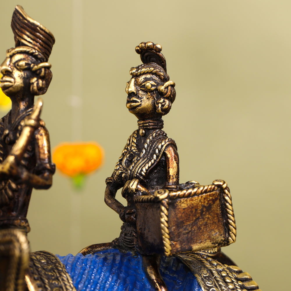 Brass Dhokra Elephant Down Trunk Statue (11.5 Inch)