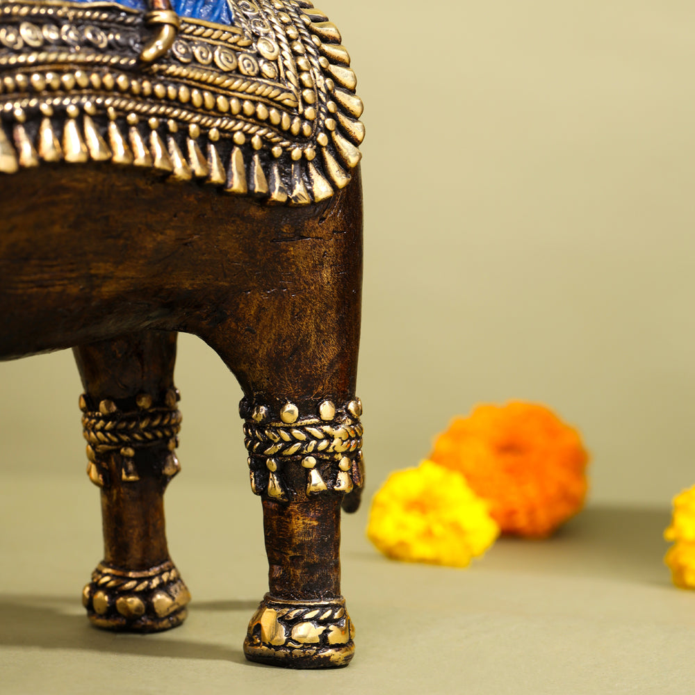 Brass Dhokra Elephant Down Trunk Statue (11.5 Inch)