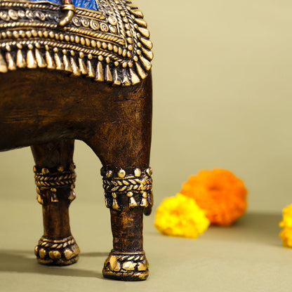Brass Dhokra Elephant Down Trunk Statue (11.5 Inch)