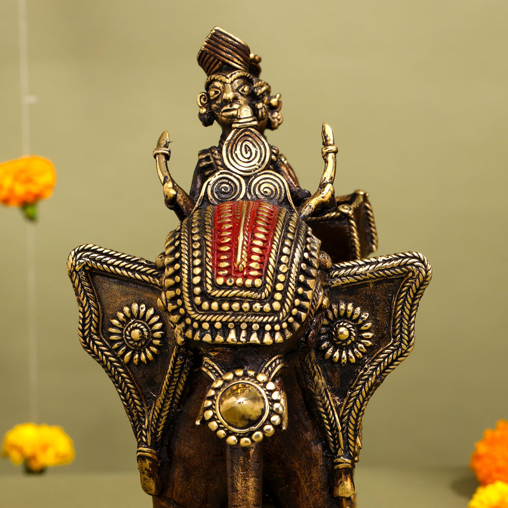 Brass Dhokra Elephant Down Trunk Statue (11.5 Inch)