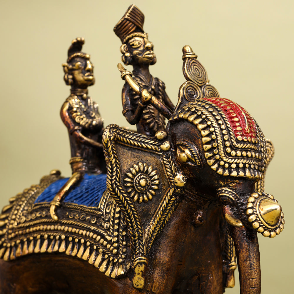 Brass Dhokra Elephant Down Trunk Statue (11.5 Inch)