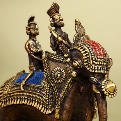 Brass Dhokra Elephant Down Trunk Statue (11.5 Inch)