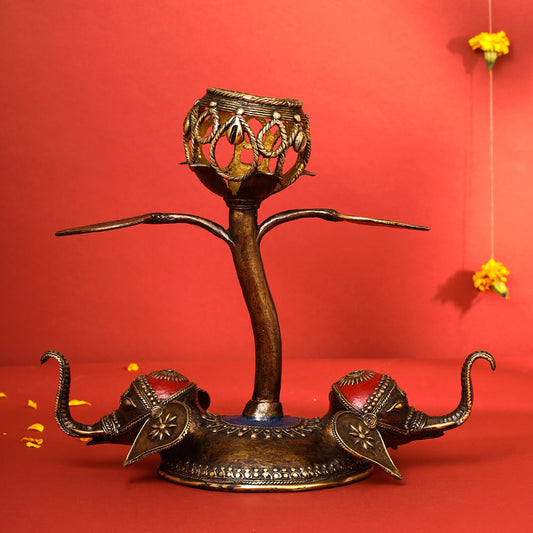 Brass Dhokra Elephant Lotus Candle Holder (11 Inch)