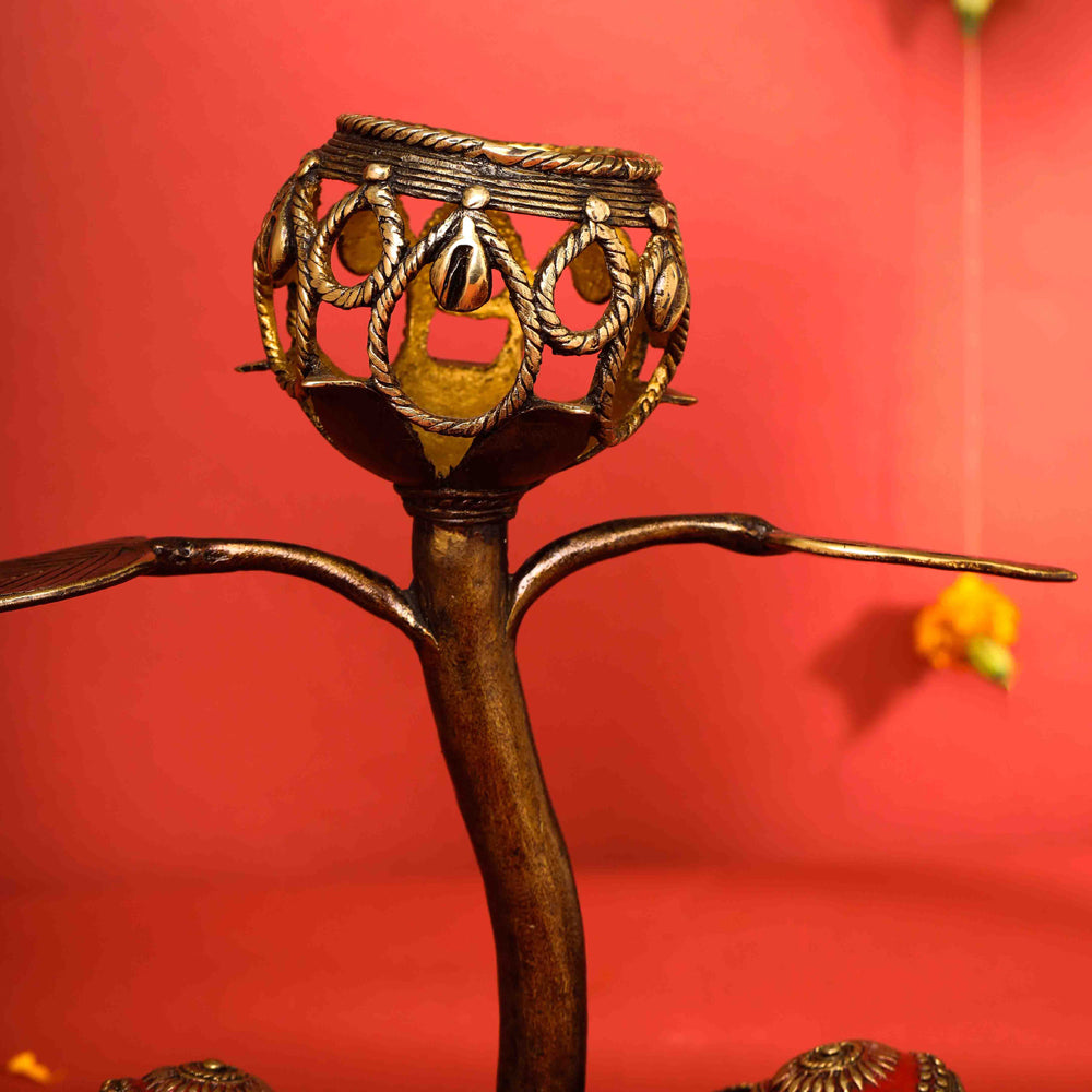 Brass Dhokra Elephant Lotus Candle Holder (11 Inch)