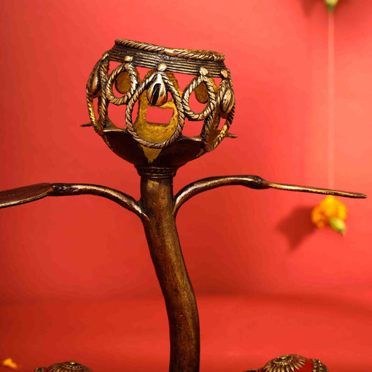 Brass Dhokra Elephant Lotus Candle Holder (11 Inch)