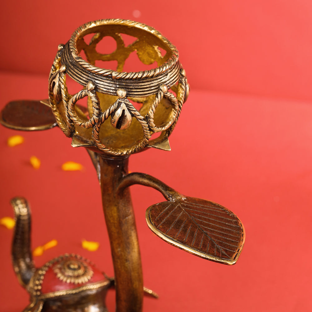 Brass Dhokra Elephant Lotus Candle Holder (11 Inch)