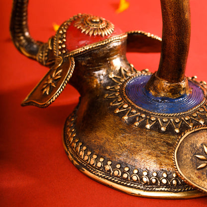 Brass Dhokra Elephant Lotus Candle Holder (11 Inch)