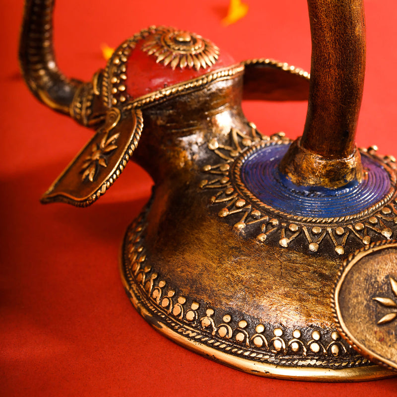 Brass Dhokra Elephant Lotus Candle Holder (11 Inch)