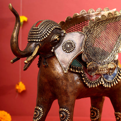 Brass Dhokra Elephant With Wings Statue (12.5 Inch)