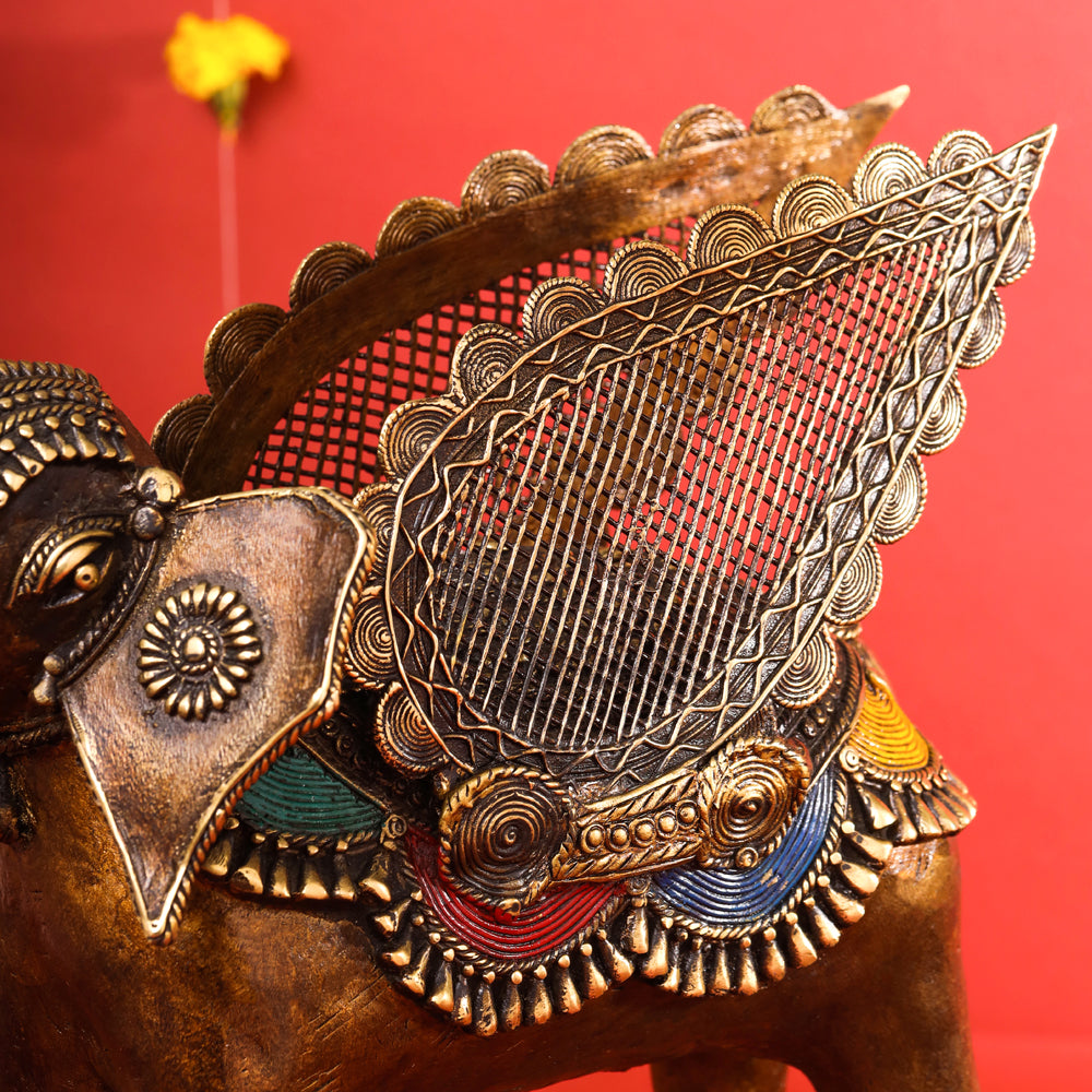 Brass Dhokra Elephant With Wings Statue (12.5 Inch)