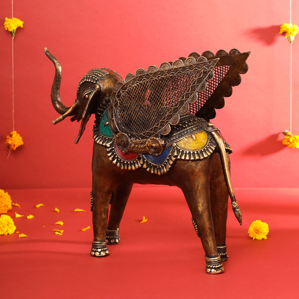 Brass Dhokra Elephant With Wings Statue (12.5 Inch)