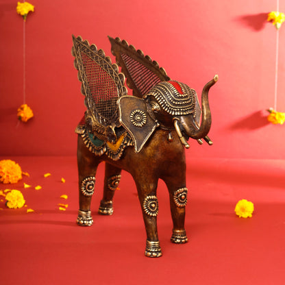 Brass Dhokra Elephant With Wings Statue (12.5 Inch)