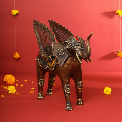 Brass Dhokra Elephant With Wings Statue (12.5 Inch)