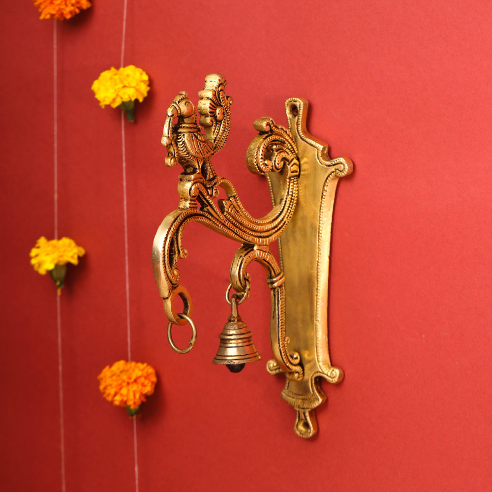 Brass Peacock Wall Mount Bracket With Bell (9 Inch)