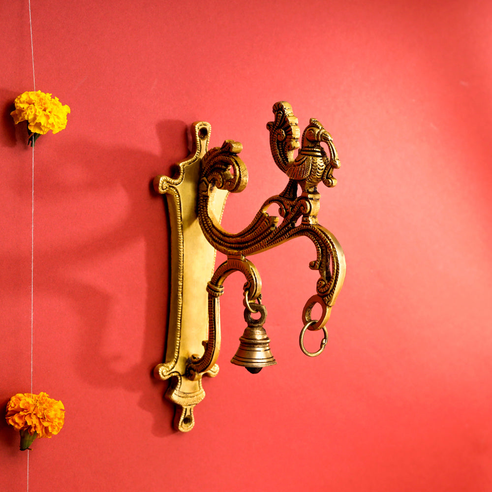 Brass Peacock Wall Mount Bracket With Bell (9 Inch)