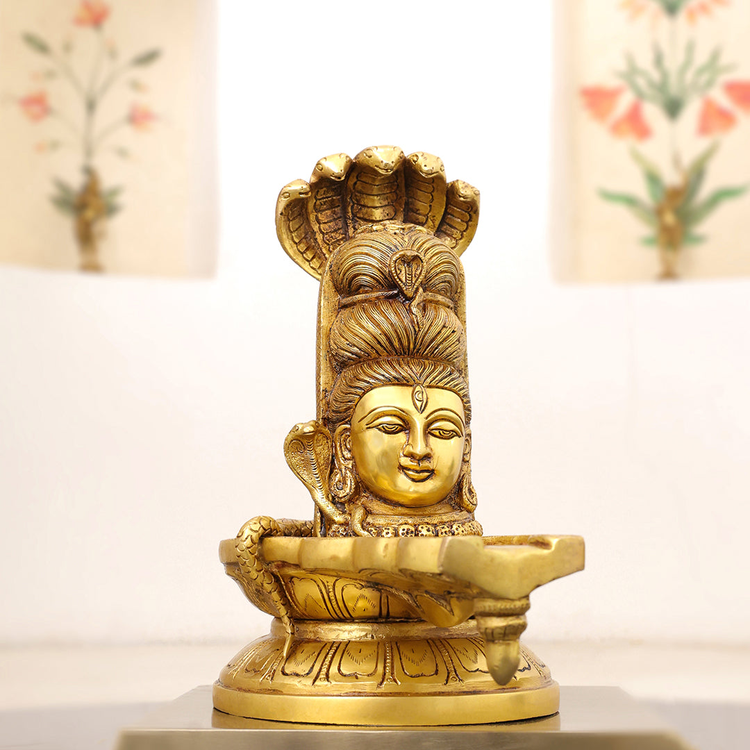 Brass Lord Shiva Mukhalingam with Naga Canopy Shivling Idol (12.5 Inch)