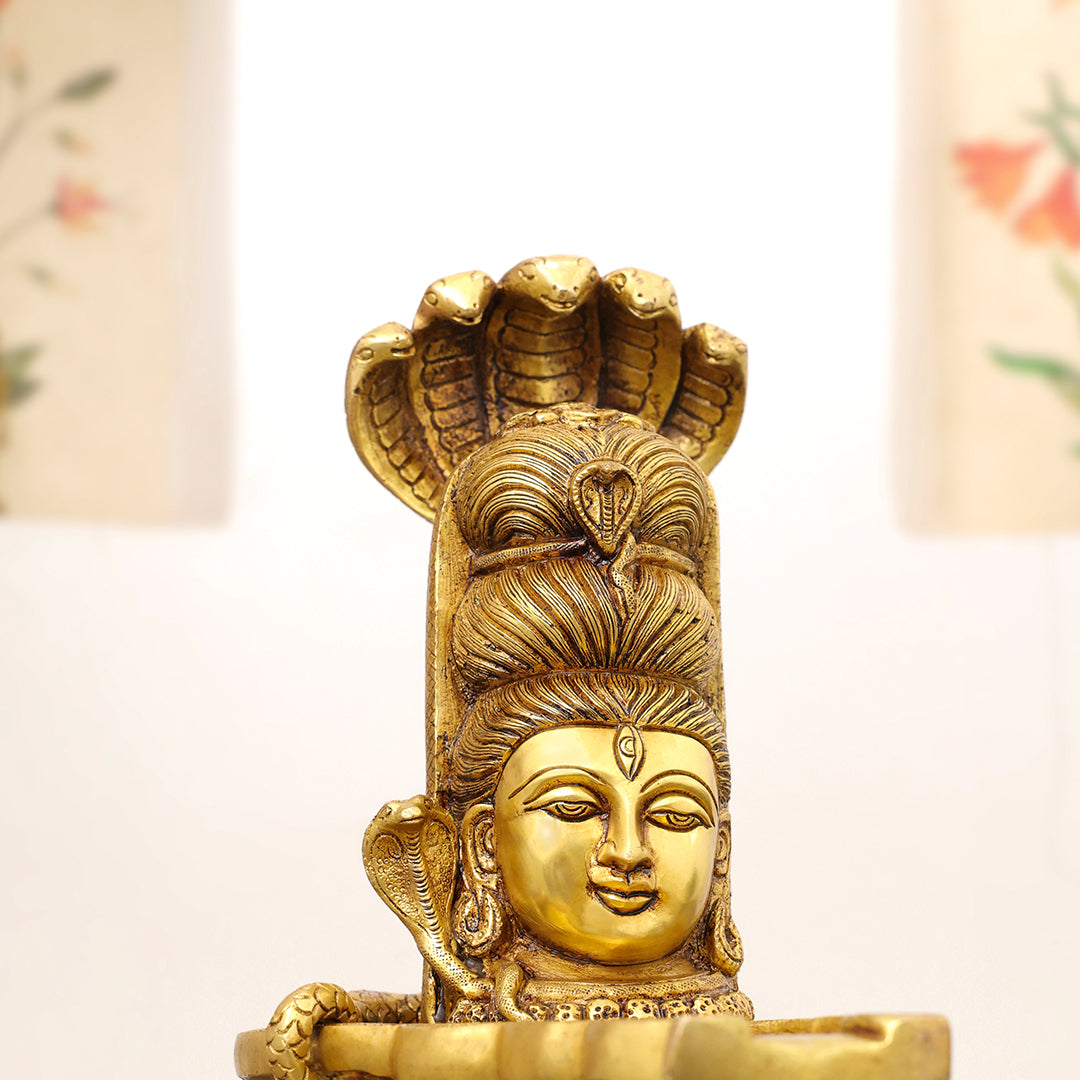 Brass Lord Shiva Mukhalingam with Naga Canopy Shivling Idol (12.5 Inch)