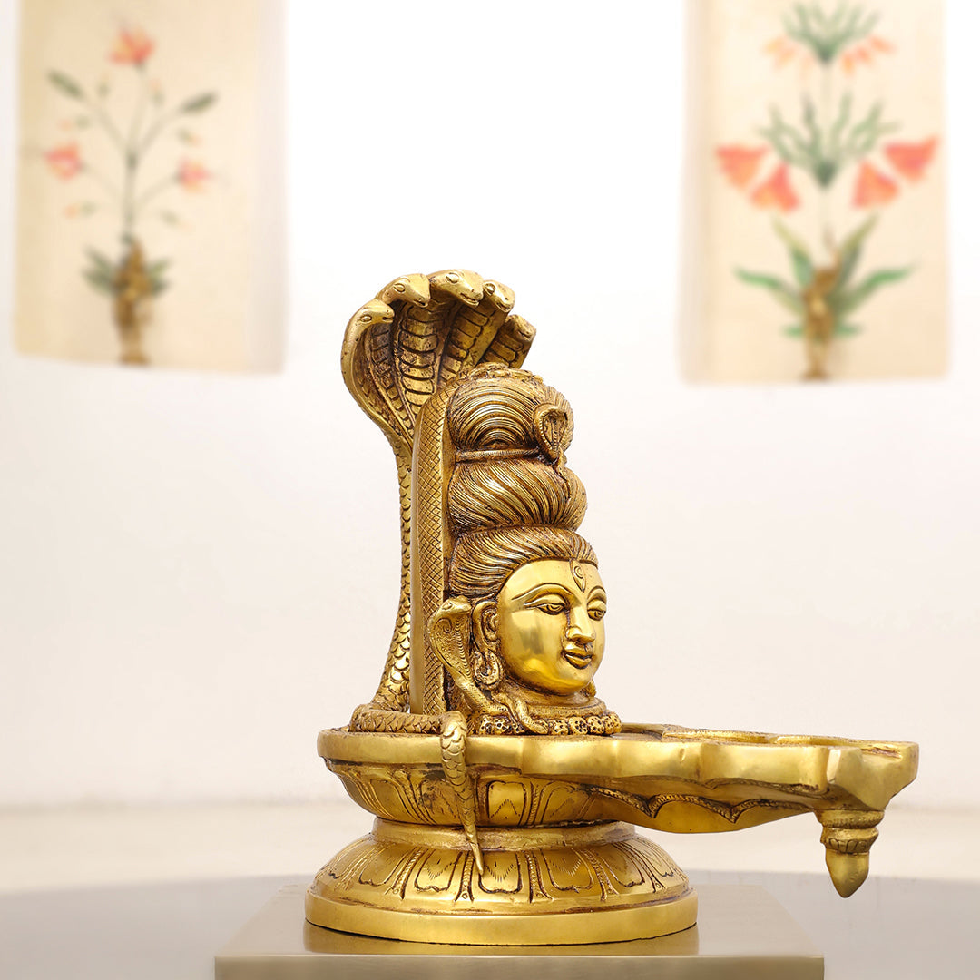 Brass Lord Shiva Mukhalingam with Naga Canopy Shivling Idol (12.5 Inch)