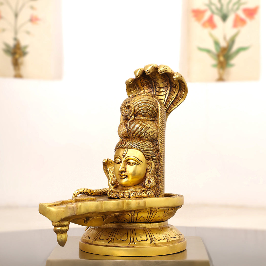 Brass Lord Shiva Mukhalingam with Naga Canopy Shivling Idol (12.5 Inch)