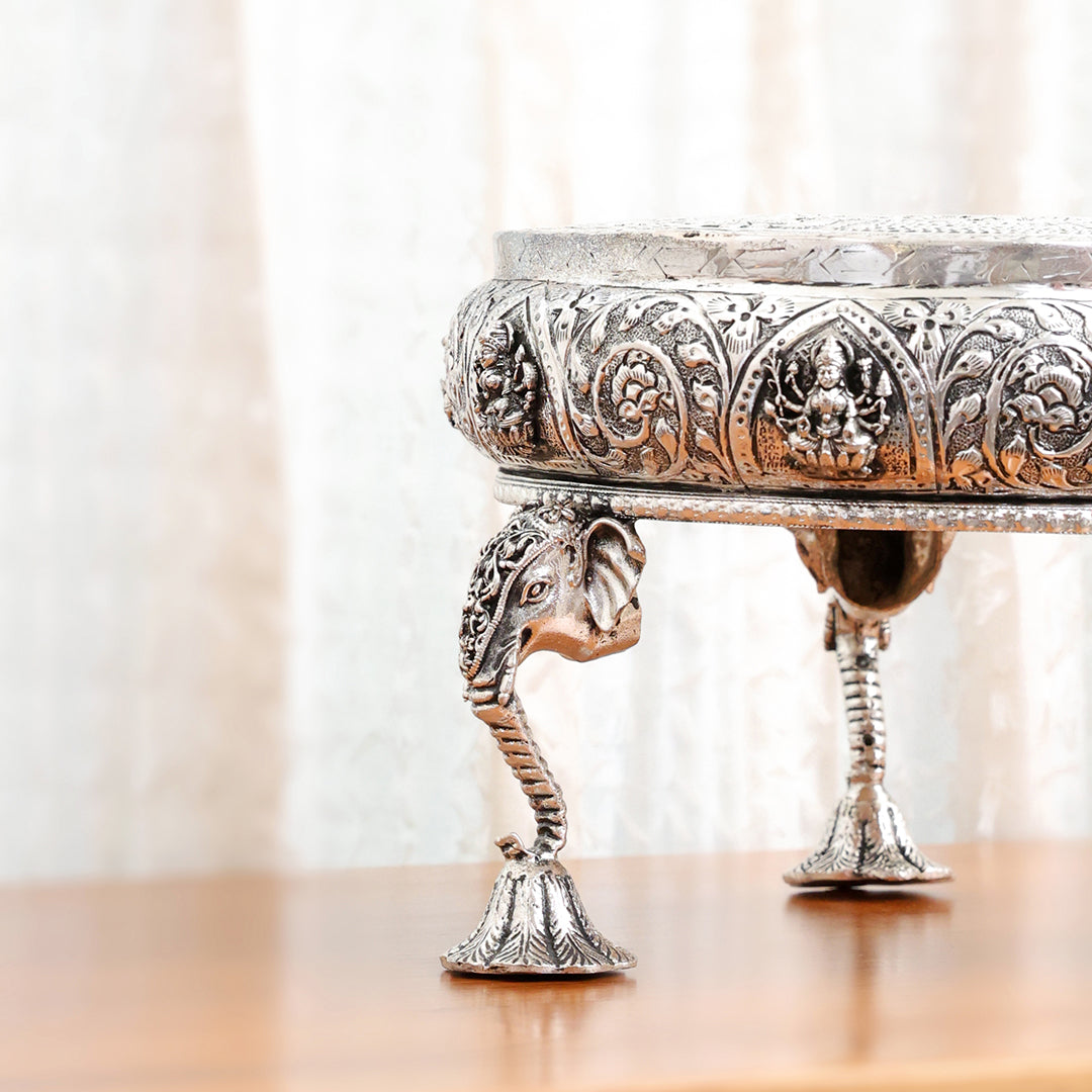 Silver Plated Brass Ashtalakshmi Chowki With Elephant Pillars (6.5 Inch)