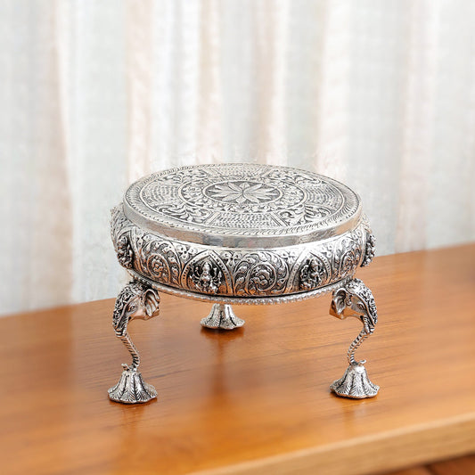 Silver Plated Brass Ashtalakshmi Chowki With Elephant Pillars (6.5 Inch)