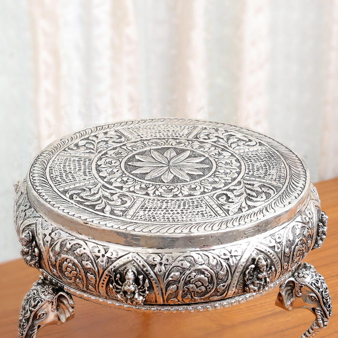 Silver Plated Brass Ashtalakshmi Chowki With Elephant Pillars (6.5 Inch)