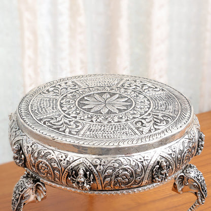 Silver Plated Brass Ashtalakshmi Chowki With Elephant Pillars (6.5 Inch)