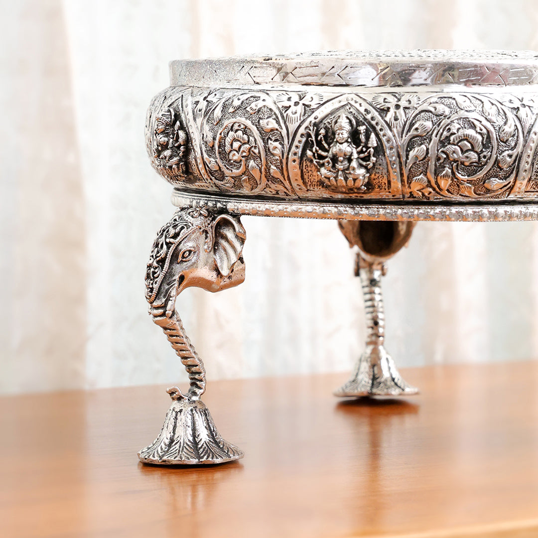 Silver Plated Brass Ashtalakshmi Chowki With Elephant Pillars (6.5 Inch)