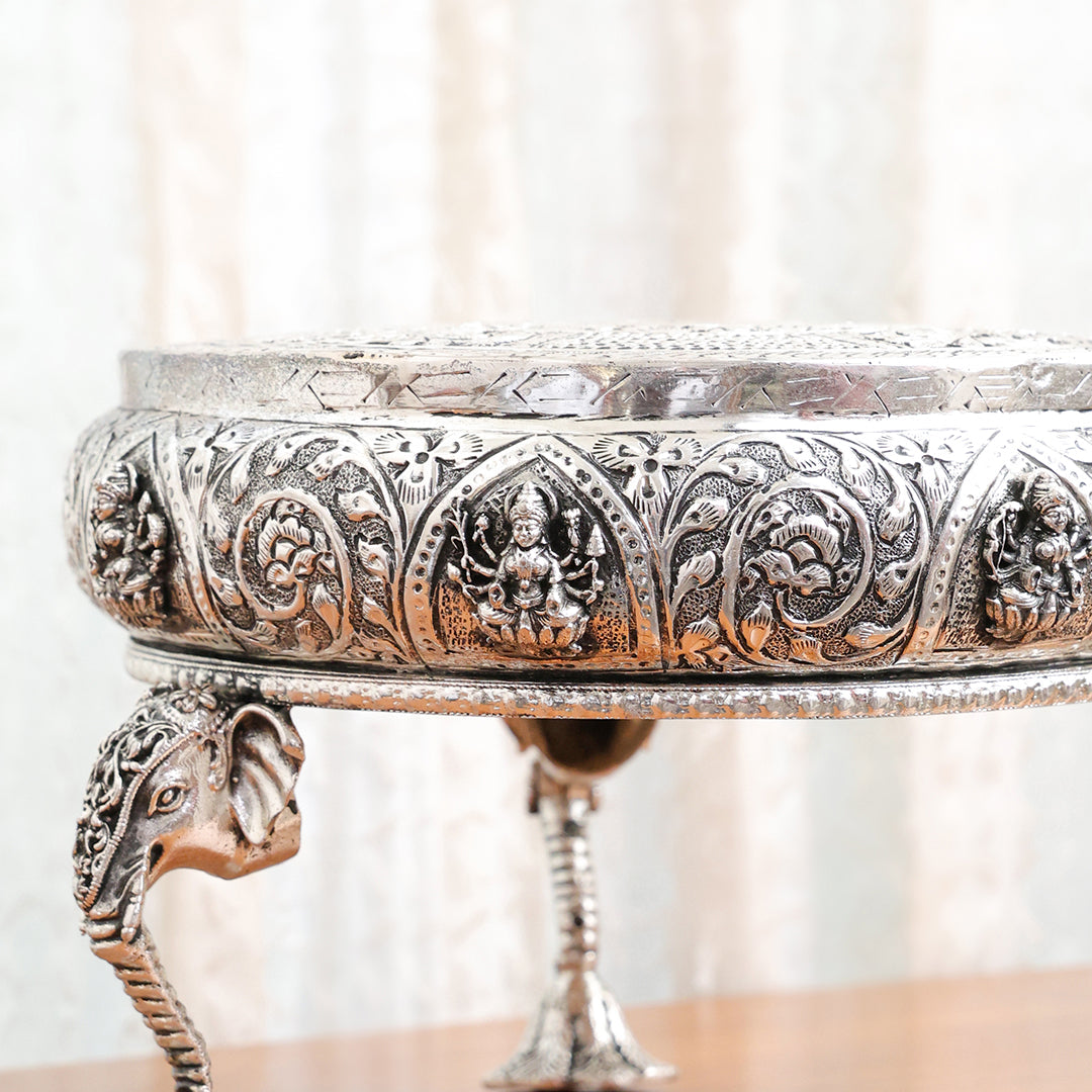 Silver Plated Brass Ashtalakshmi Chowki With Elephant Pillars (6.5 Inch)
