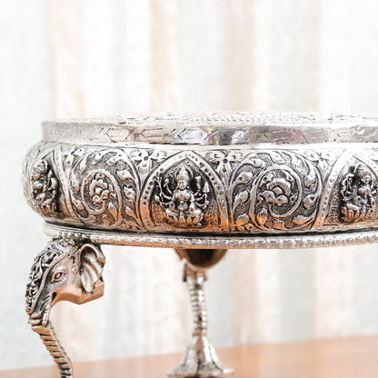 Silver Plated Brass Ashtalakshmi Chowki With Elephant Pillars (6.5 Inch)